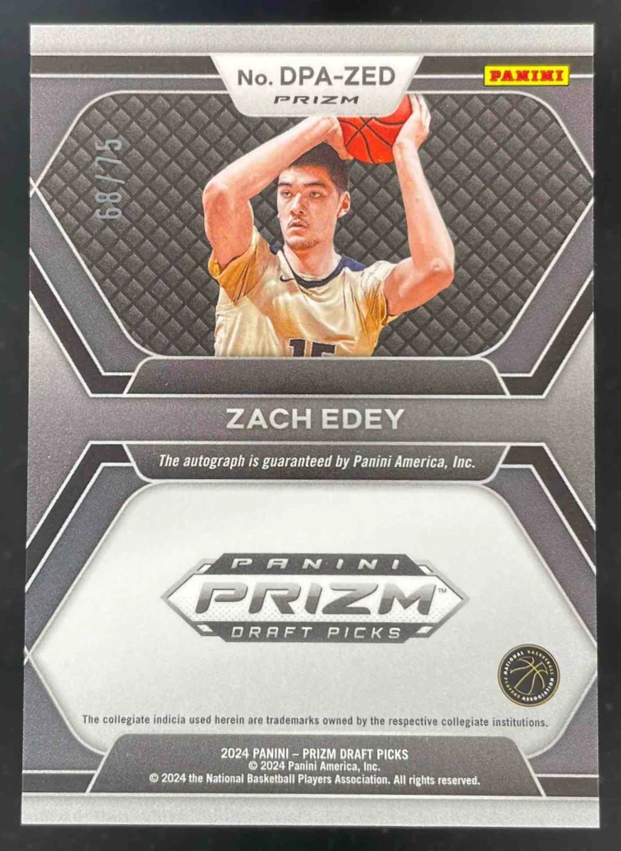 2024 Panini Prizm Draft Collegiate Blue Ice #DPA-ZED Zach Edey RC Auto /75 - Image 2