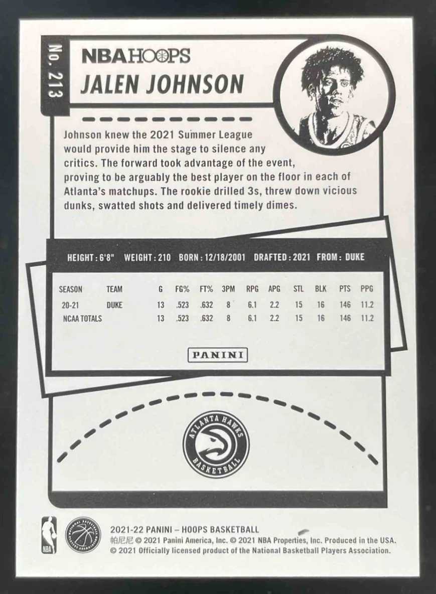 2021-22 Panini Hoops Red #213 Jalen Johnson RC /75 - Image 2