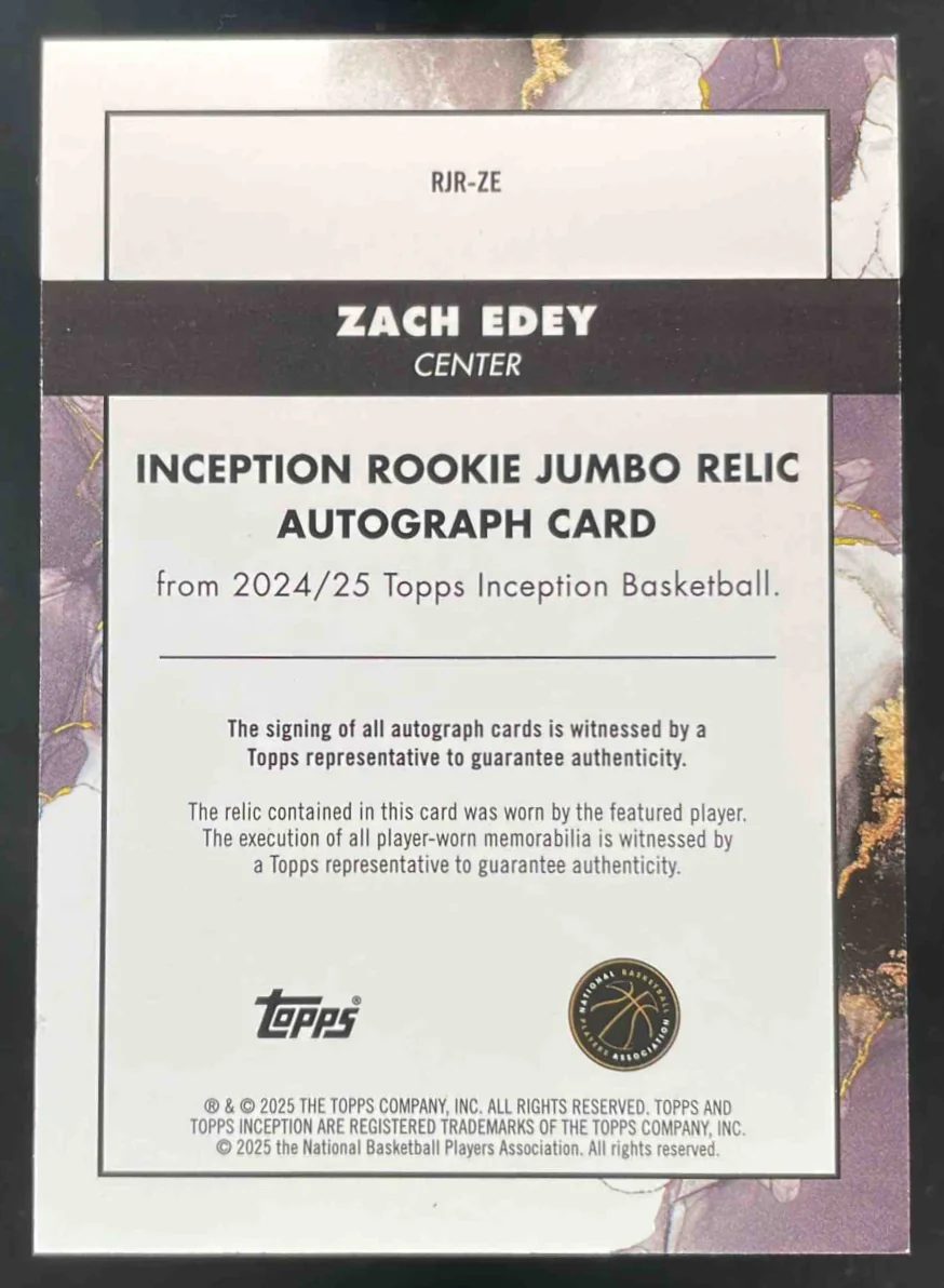 2024-25 Topps Inception Rookie Jumbo Relic Red #RJR-ZE Zach Edey RC Auto /75 - Image 2