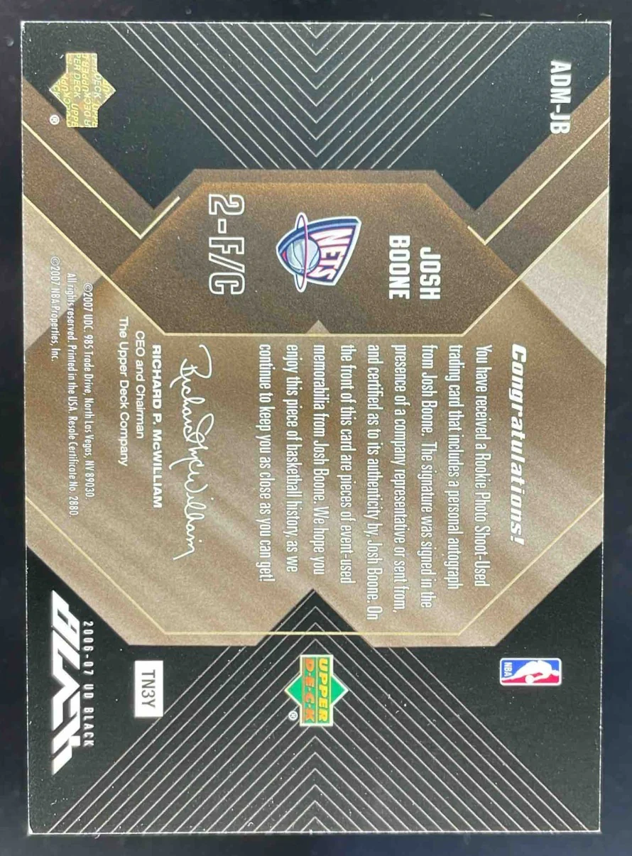 2006-07 UD Black Dual Materials Autographs 15 #JB Josh Boone Auto /15 - Image 2