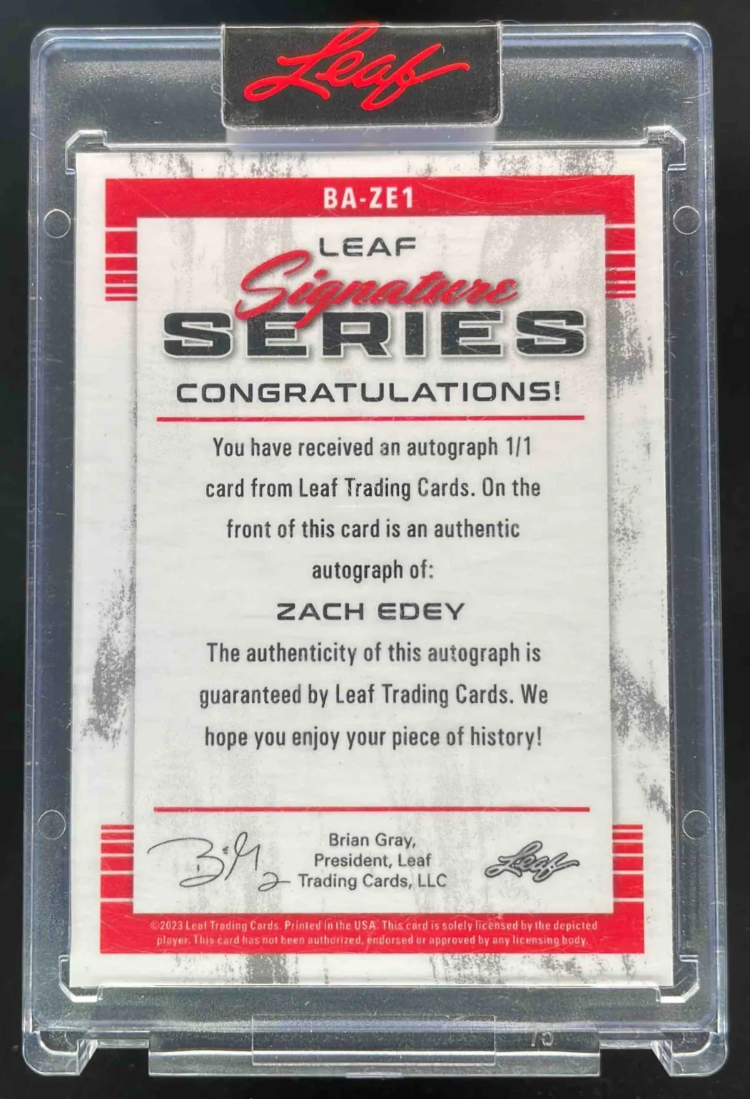 2022-23 Leaf Signature Series Moon BA-ZE1 Zach Edey Autograph RC Auto 1/1 - Image 2