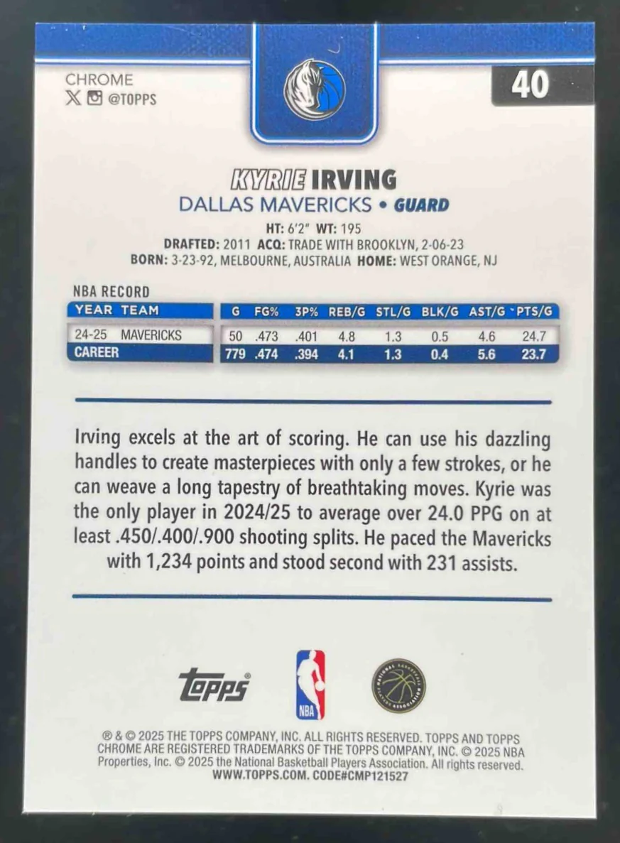 2025-26 Topps Chrome Black Wave Refractor #40 Kyrie Irving /10 - Image 2