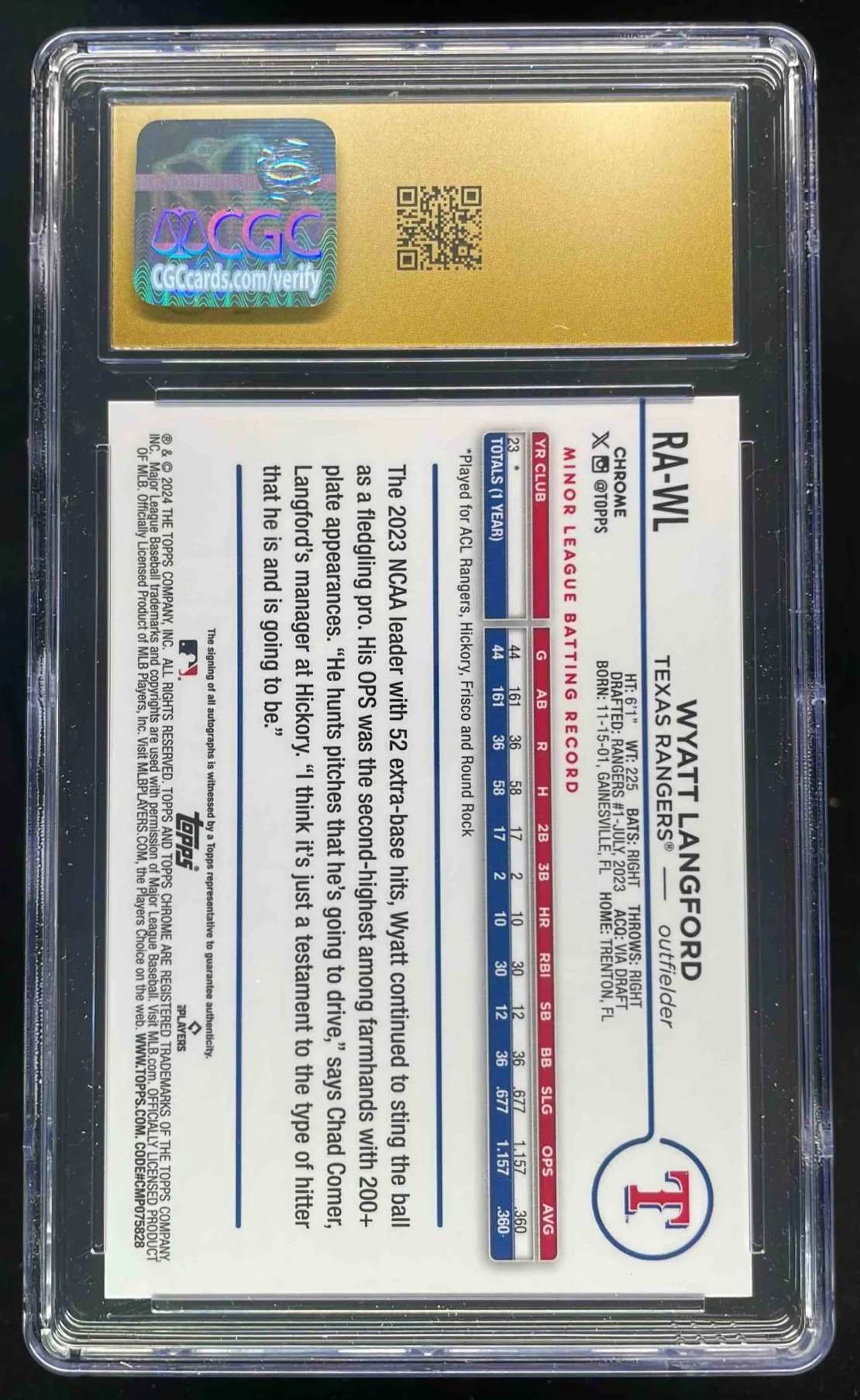2024 Topps Chrome Rookie Autographs #RA-WL Wyatt Langford RC Auto CGC 10 - Image 2