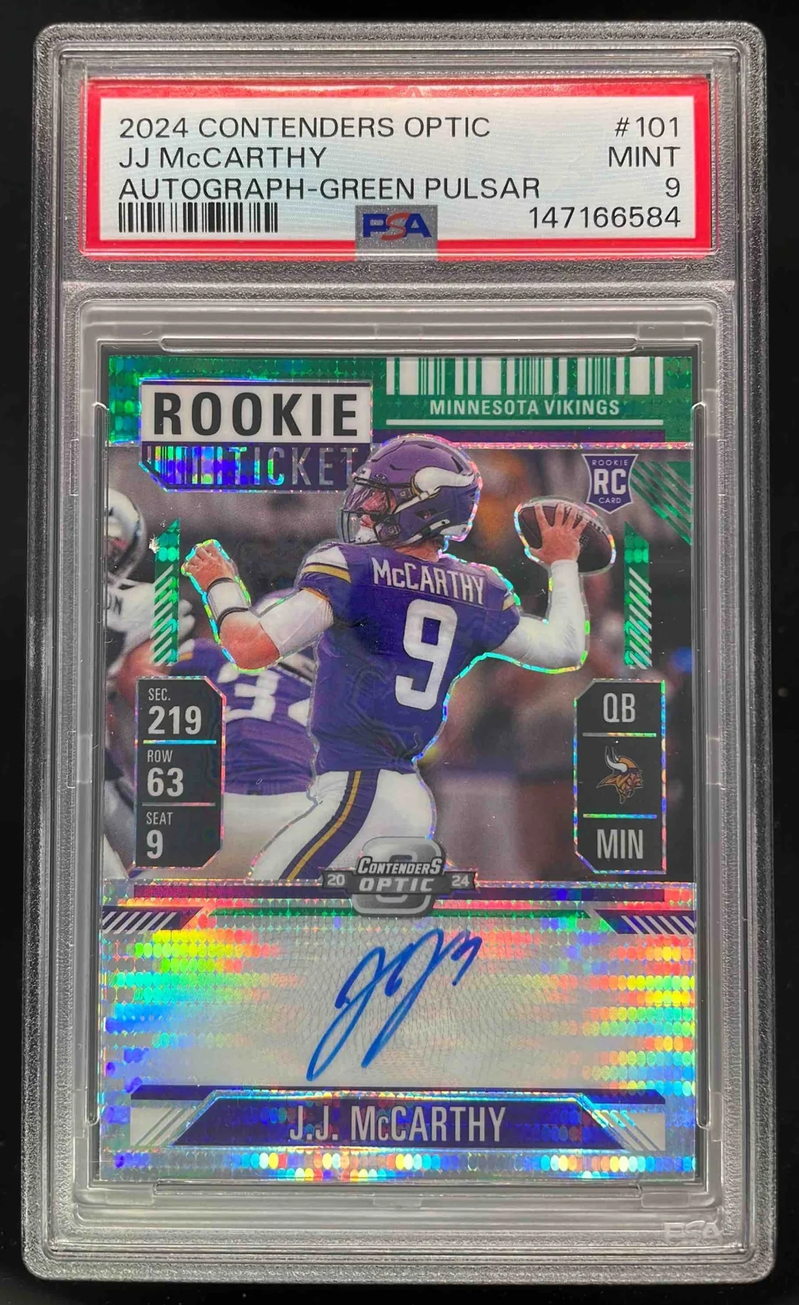 2024 Contenders Optic Rookie Green Pulsar #101 J.J. McCarthy RC Auto /30 PSA 9