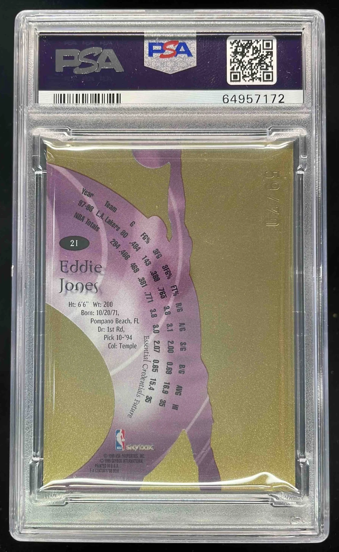 1998-99 Skybox x E-X Century Essential Credentials Future Eddie Jones /70 PSA 9 - Image 2