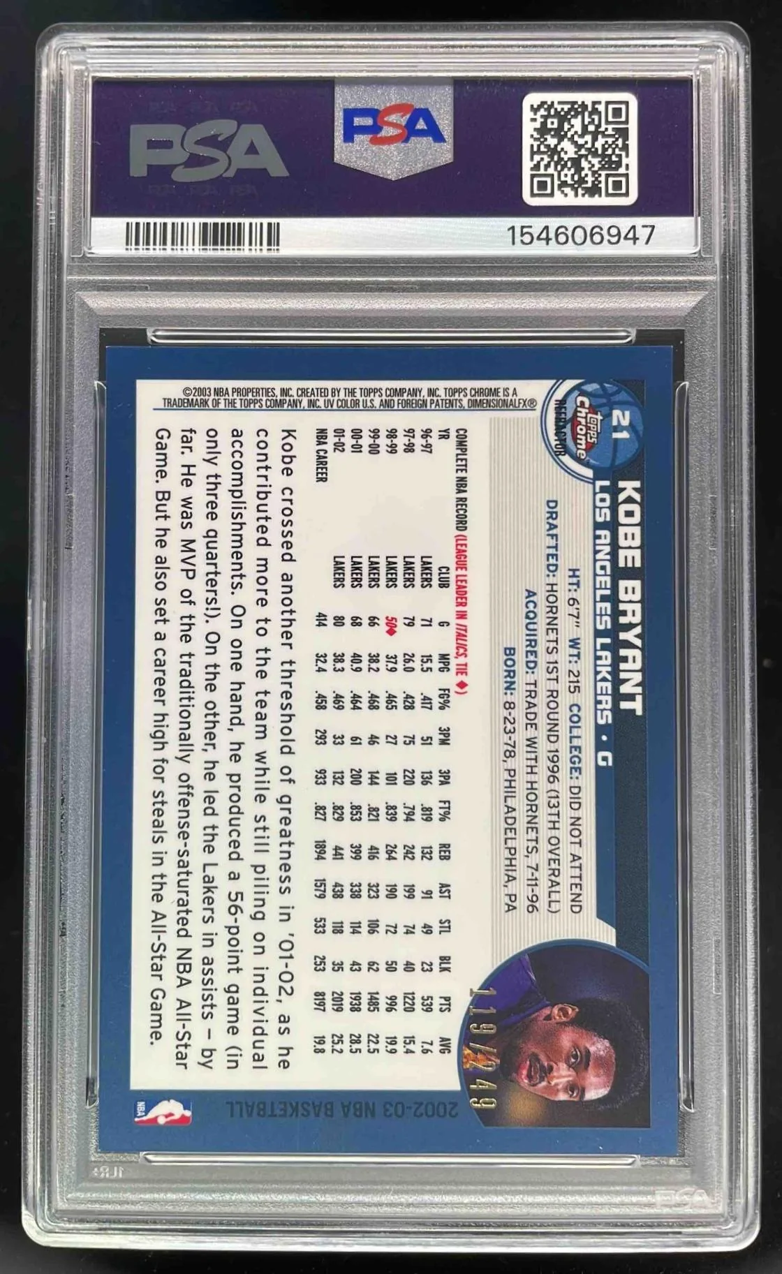 2002-03 Topps Chrome Refractors White Border #21 Kobe Bryant /249 PSA 8 - Image 2