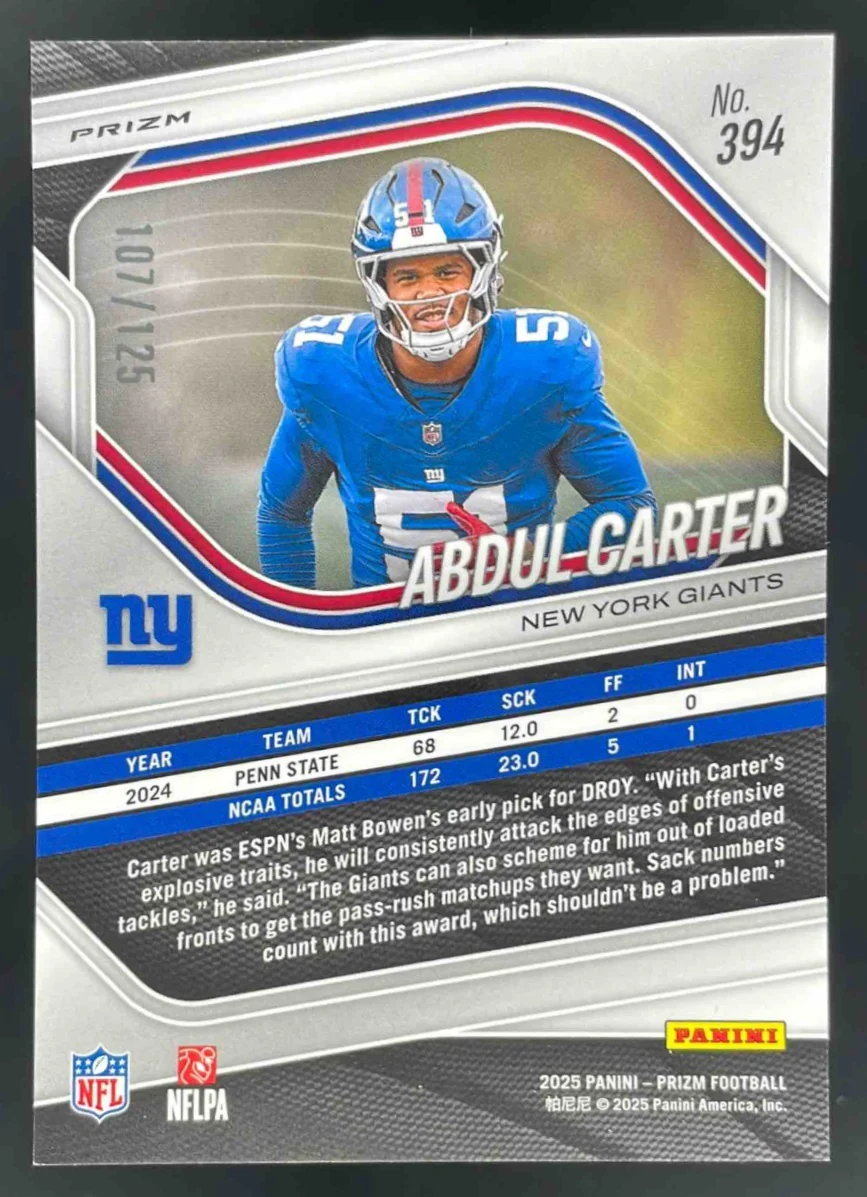 2025 Panini Prizm Purple Prizm #394 Abdul Carter RC /125 - Image 2