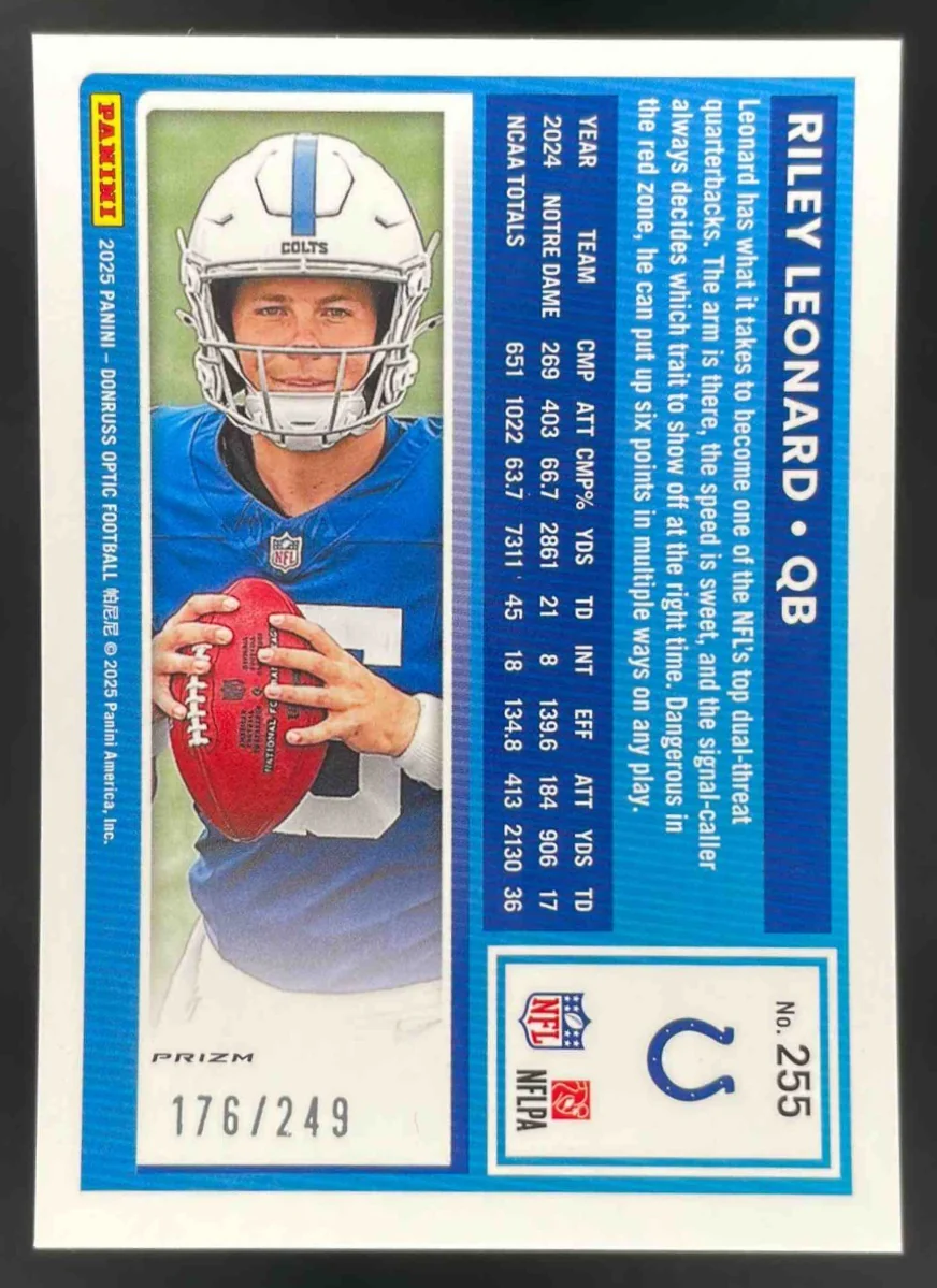 2025 Donruss Optic Rated Rookie Blue Prizm #255 Riley Leonard Rated Rookie /249 - Image 2
