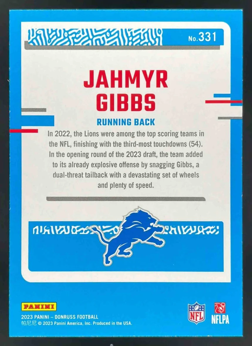 2023 Panini Donruss Press Proof Yellow #331 Jahmyr Gibbs RC Rated Rookie - Image 2