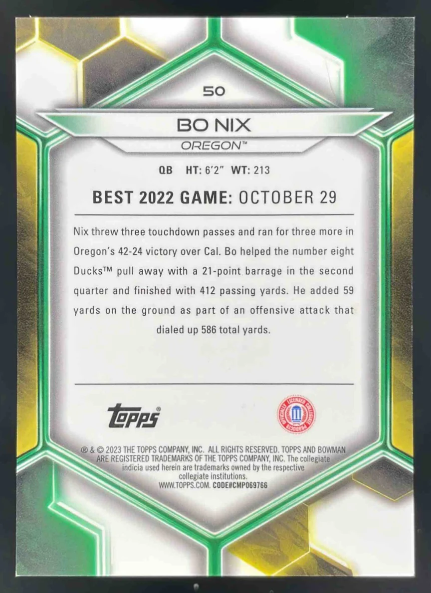 2023 Bowman University Best Blue Refractor #50 Bo Nix /150 - Image 2