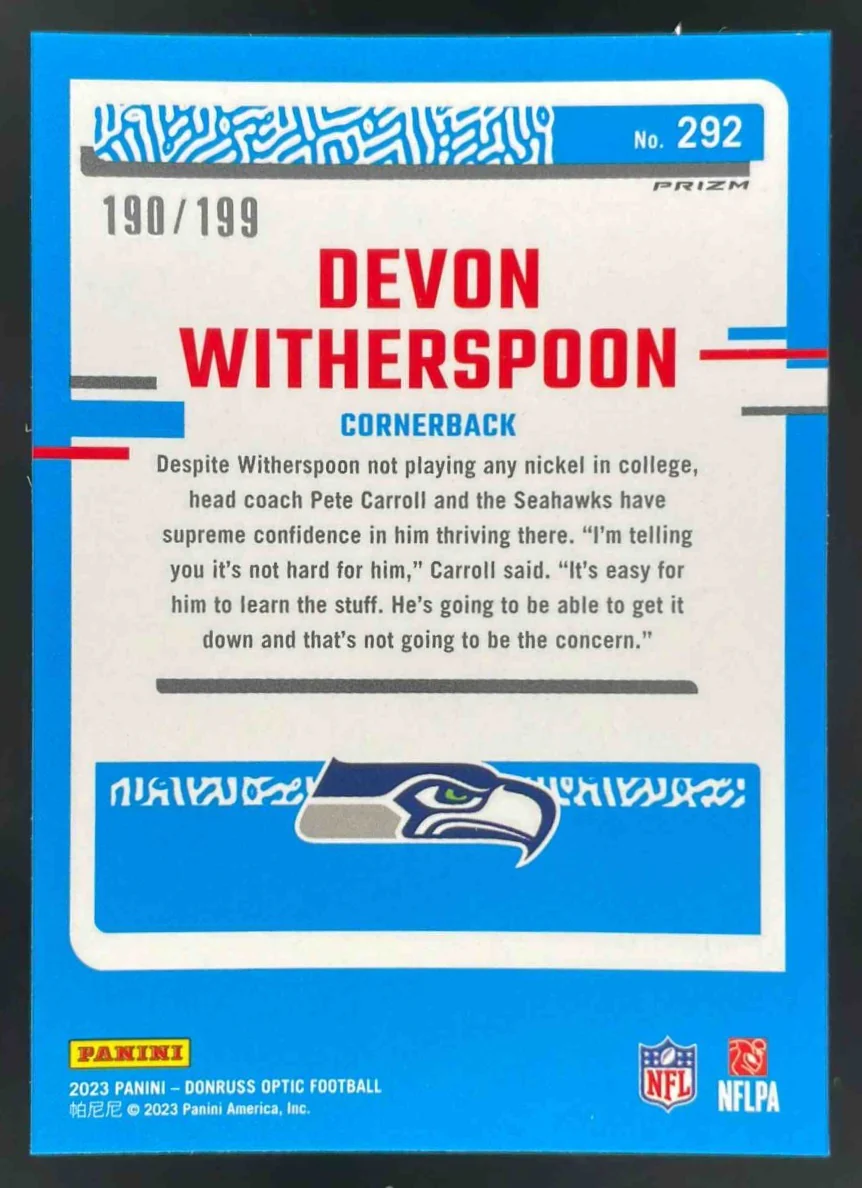 2023 Panini Donruss Optic Blue Prizm #292 Devon Witherspoon RC Rated Rookie /199 - Image 2