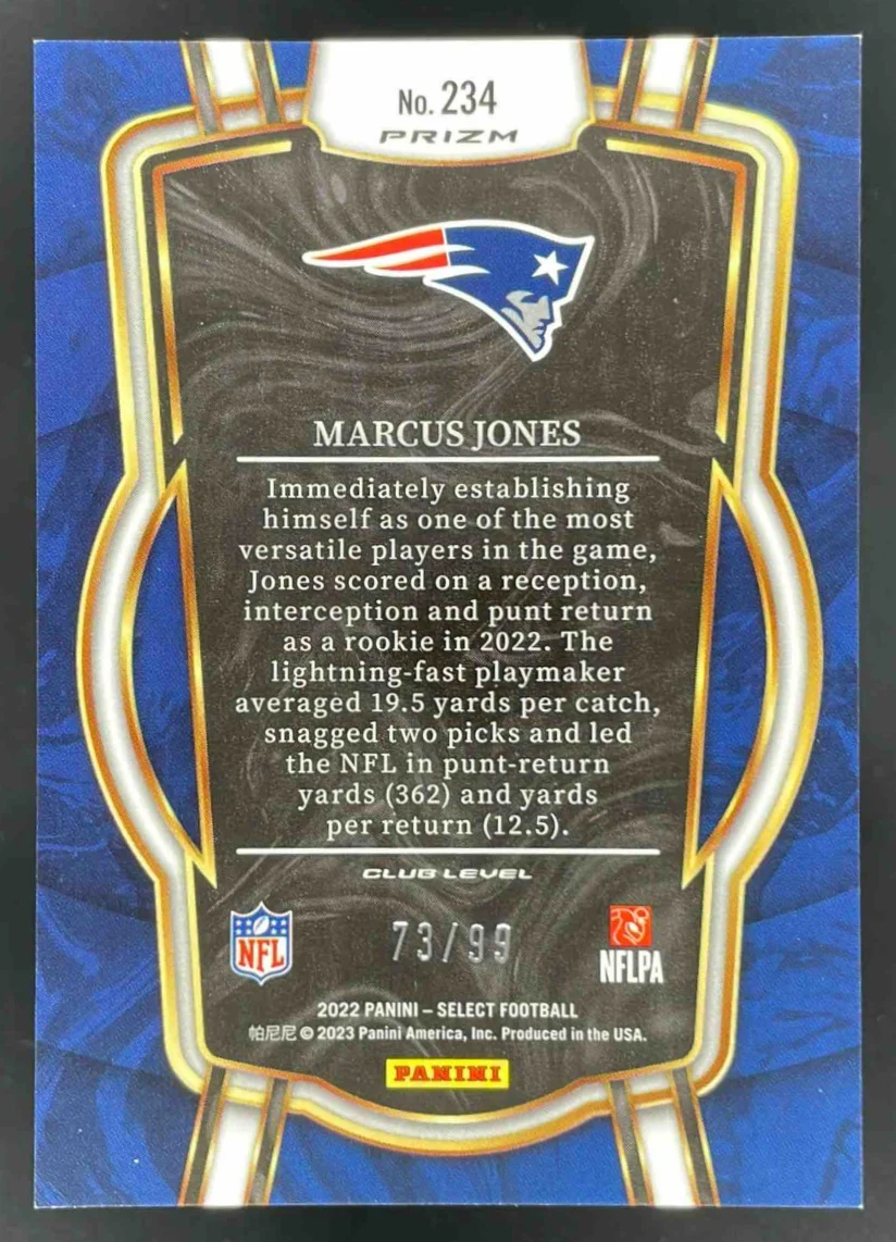 2022 Panini Select Blue Prizm #234 Marcus Jones Club RC /99 - Image 2