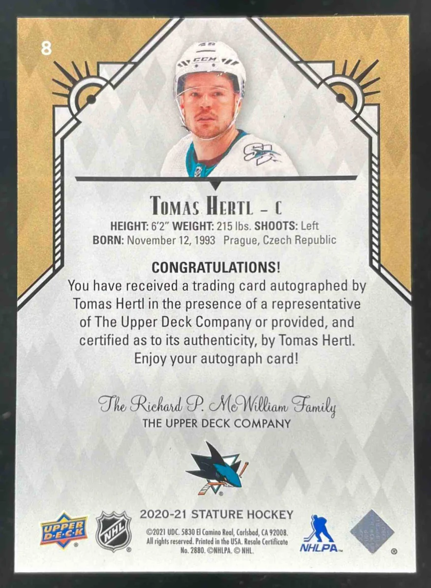 2020-21 Upper Deck Stature Autographs #8 Tomas Hertl Autograph Auto - Image 2