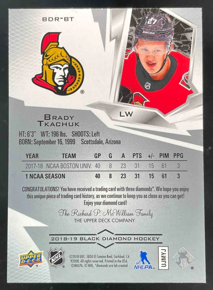 2018 Black Diamond Relic Rookie Gems Triple Diamond #BDR-BT Brady Tkachuk RC /99 - Image 2