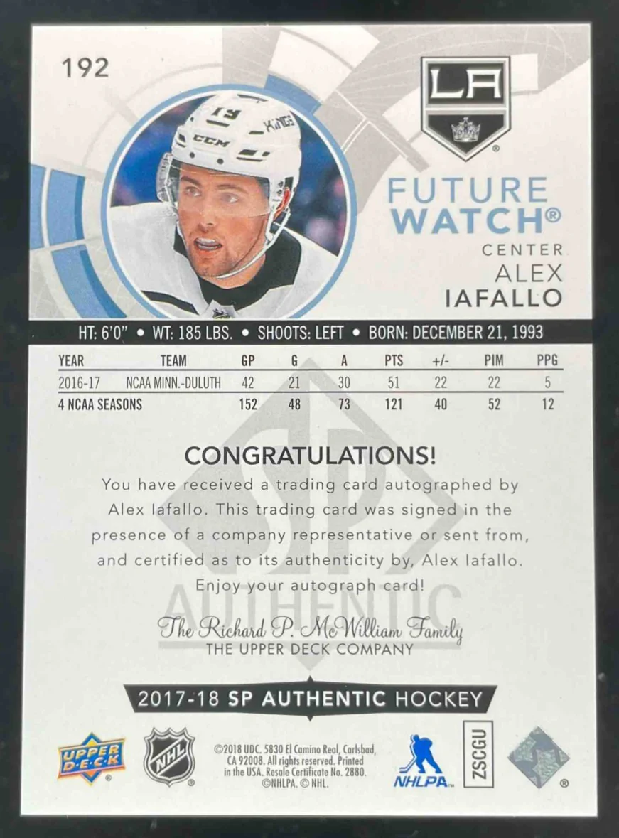 2017-18 SP Authentic #192 Alex Iafallo RC Future Watch Auto /999 - Image 2
