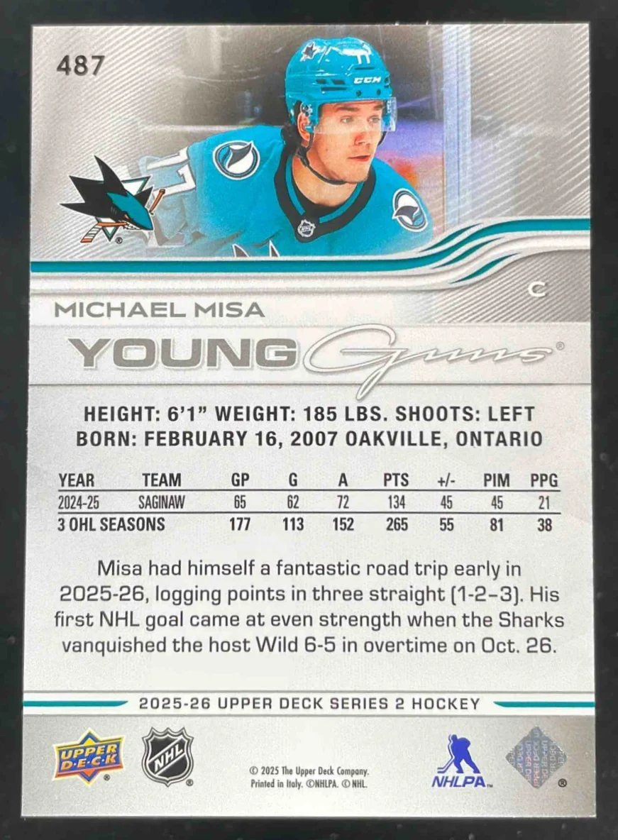 2025-26 Upper Deck Series 2 Young Guns #487 Michael Misa RC - Image 2