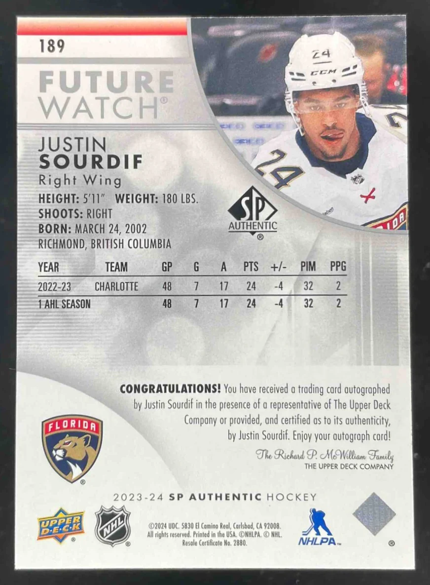 2023-24 SP Authentic #189 Justin Sourdif Autograph RC Future Watch Auto /999 - Image 2