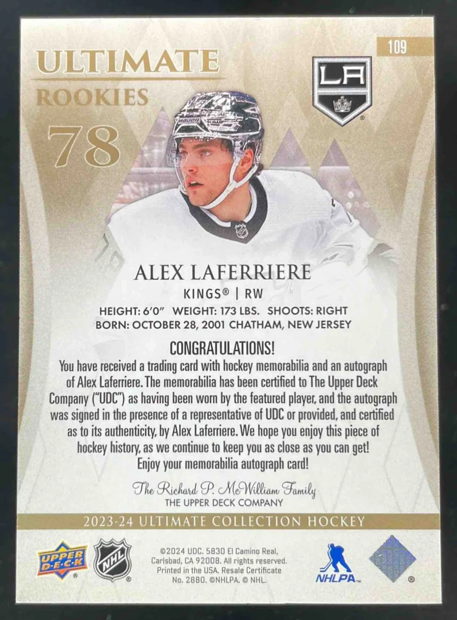 2023 Ultimate Collection Ultimate Rookies Jersey #109 Alex Laferriere Auto /99 - Image 2