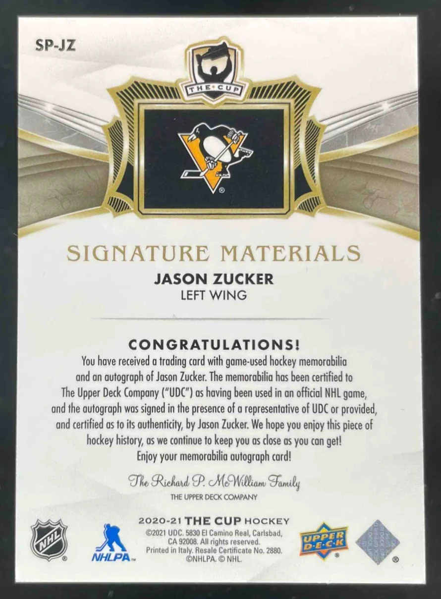 2020 Upper Deck The Cup Signature Materials #JZ Jason Zucker Autograph Auto /99 - Image 2