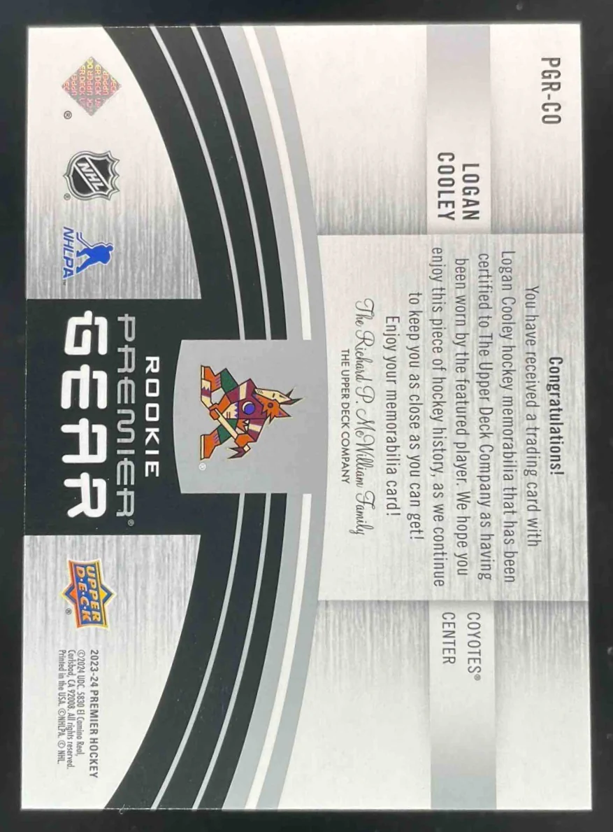 2023-24 Upper Deck Premier Gear Rookies Jersey #PGR-CO Logan Cooley RC /99 - Image 2