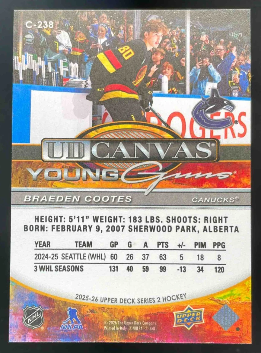 2025 Upper Deck UD Canvas Young Guns #C-238 Braeden Cootes Young Guns RC - Image 2