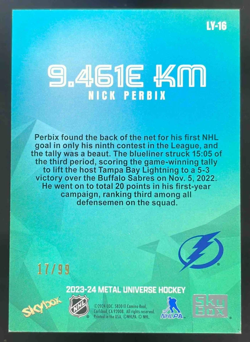 2023-24 Skybox Metal Universe 9.461e KM Gold #LY-16 Nick Perbix /99 - Image 2
