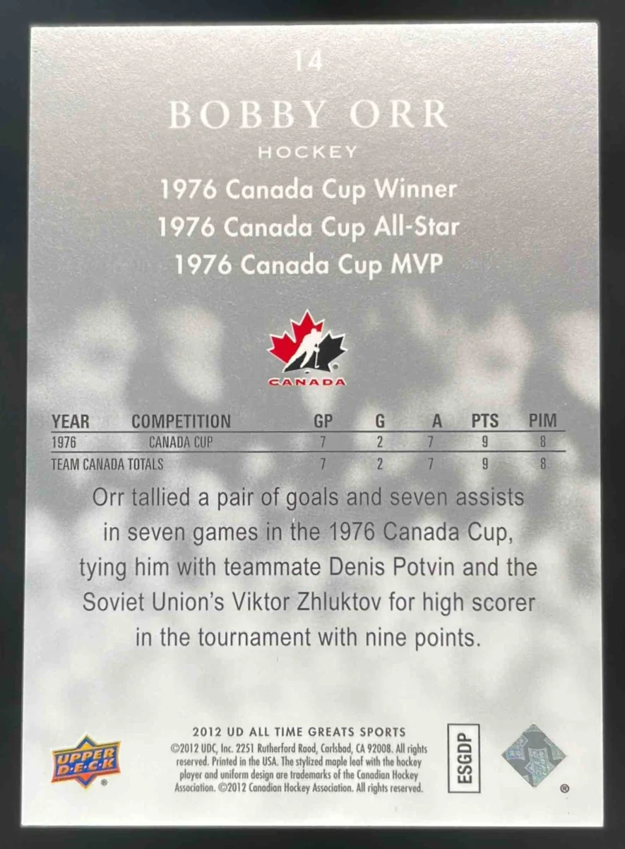 2012 Upper Deck All-Time Greats #14 Bobby Orr /99 - Image 2