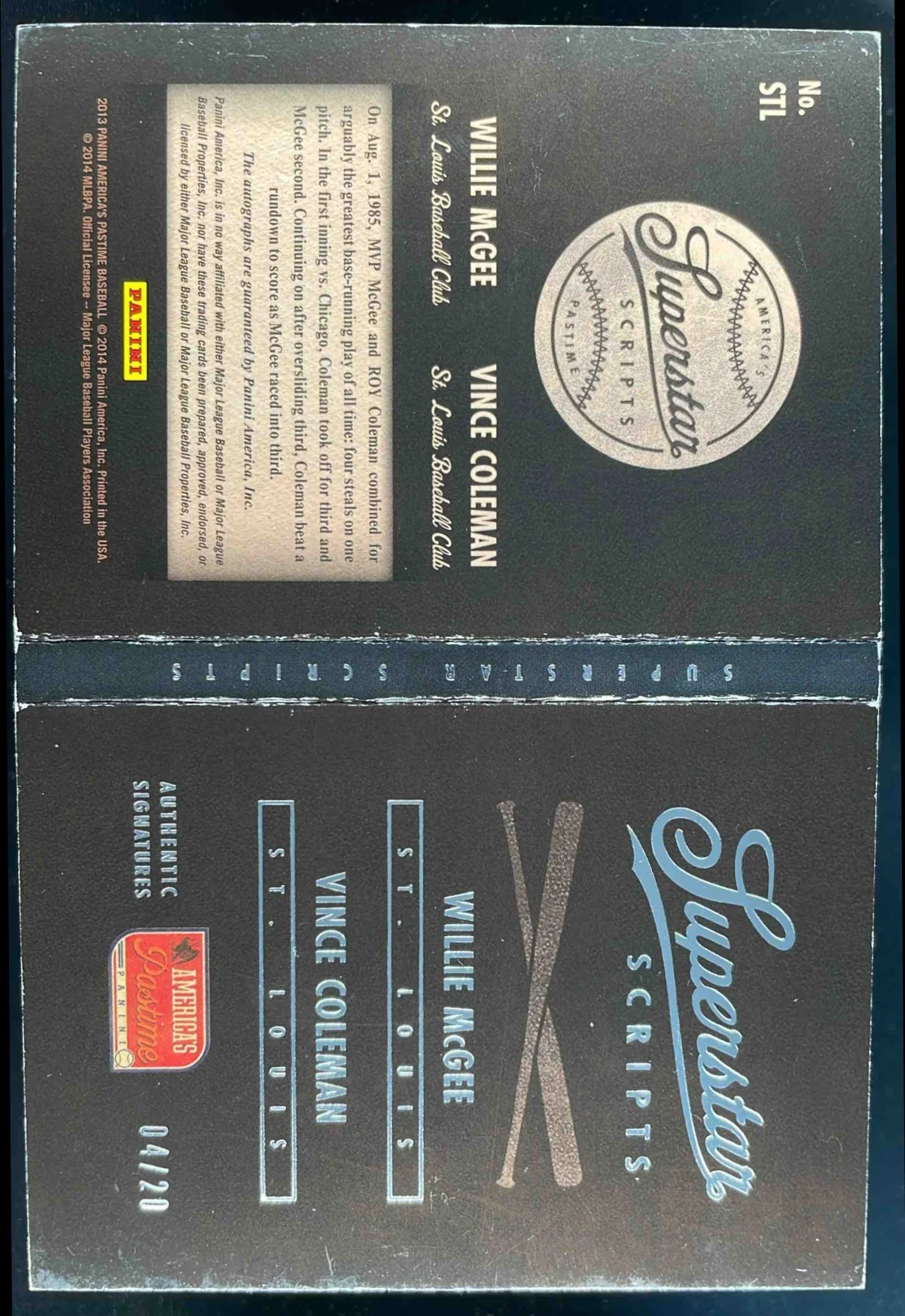 2013 Panini America Pastime Scripts Booklets Vince Coleman Willie McGee Auto /20 - Image 2