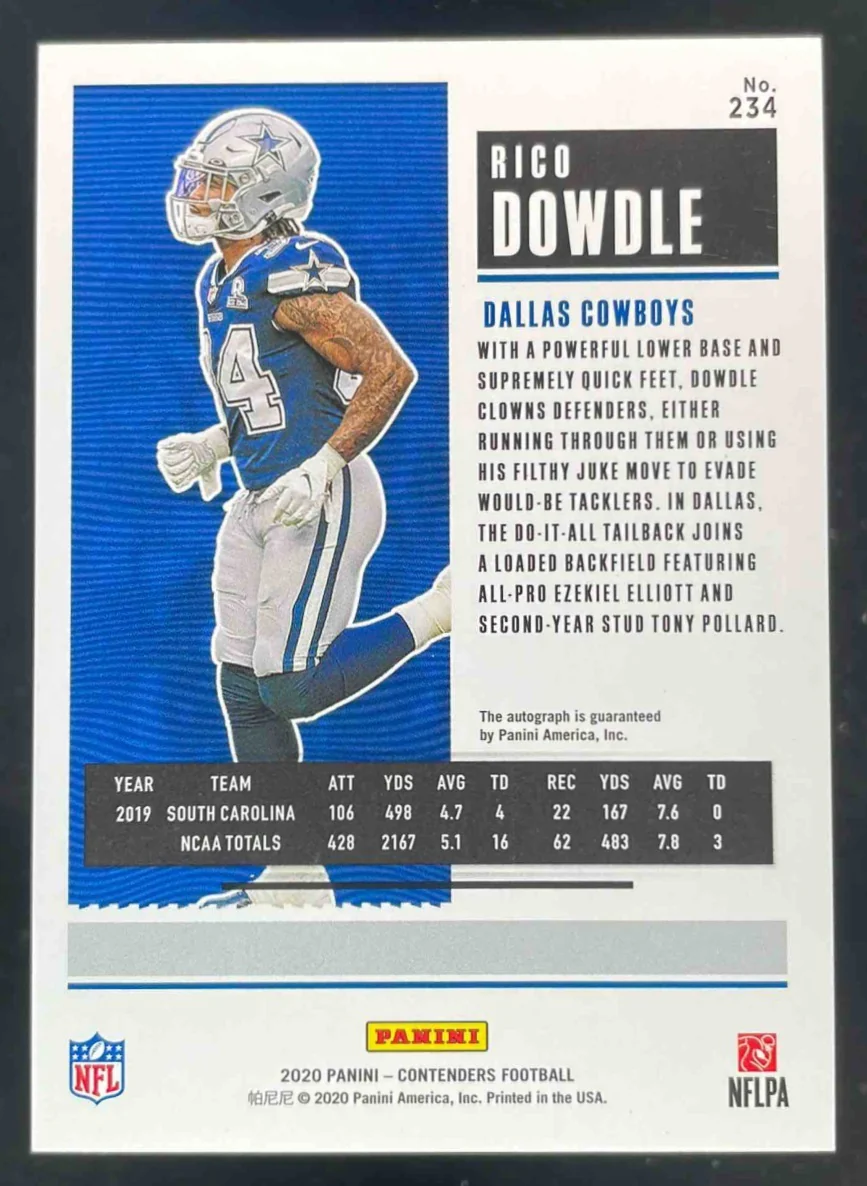 2020 Contenders Championship Ticket #234 Rico Dowdle RC Rookie Ticket Auto /49 - Image 2