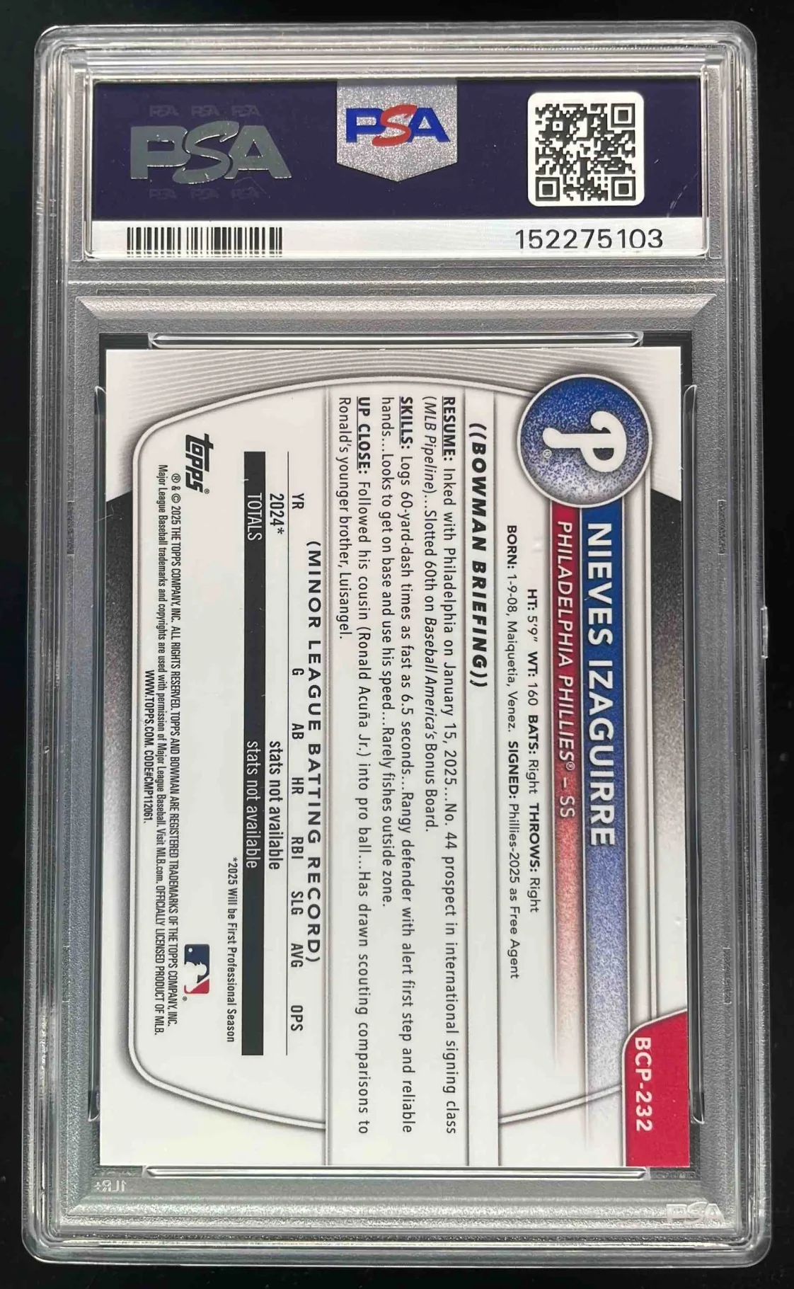 2025 Bowman Chrome Sunflower Seeds Refractor #BCP-232 Nieves Izaguirre RC PSA 10 - Image 2