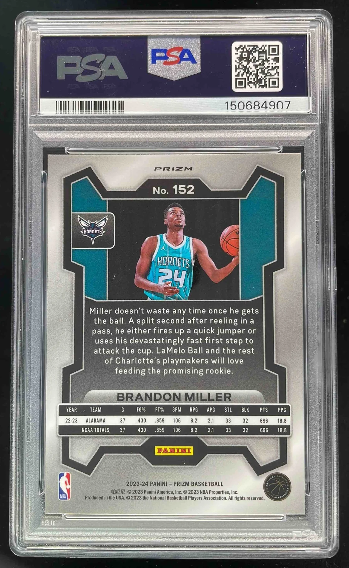 2023-24 Panini Prizm Prizms Silver #152 Brandon Miller RC PSA 10 - Image 2