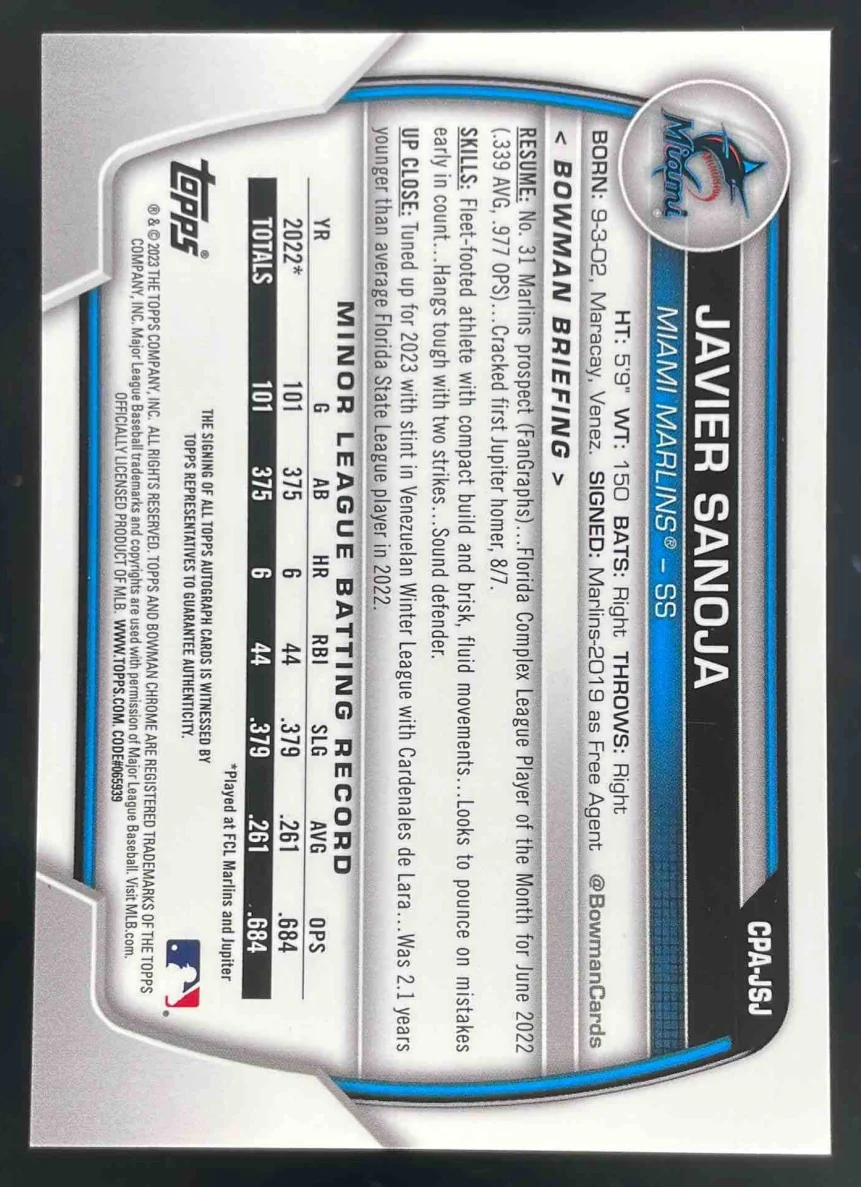 2023 Bowman Chrome Prospect Autographs #CPA-JSJ Javier Sanoja RC Auto - Image 2