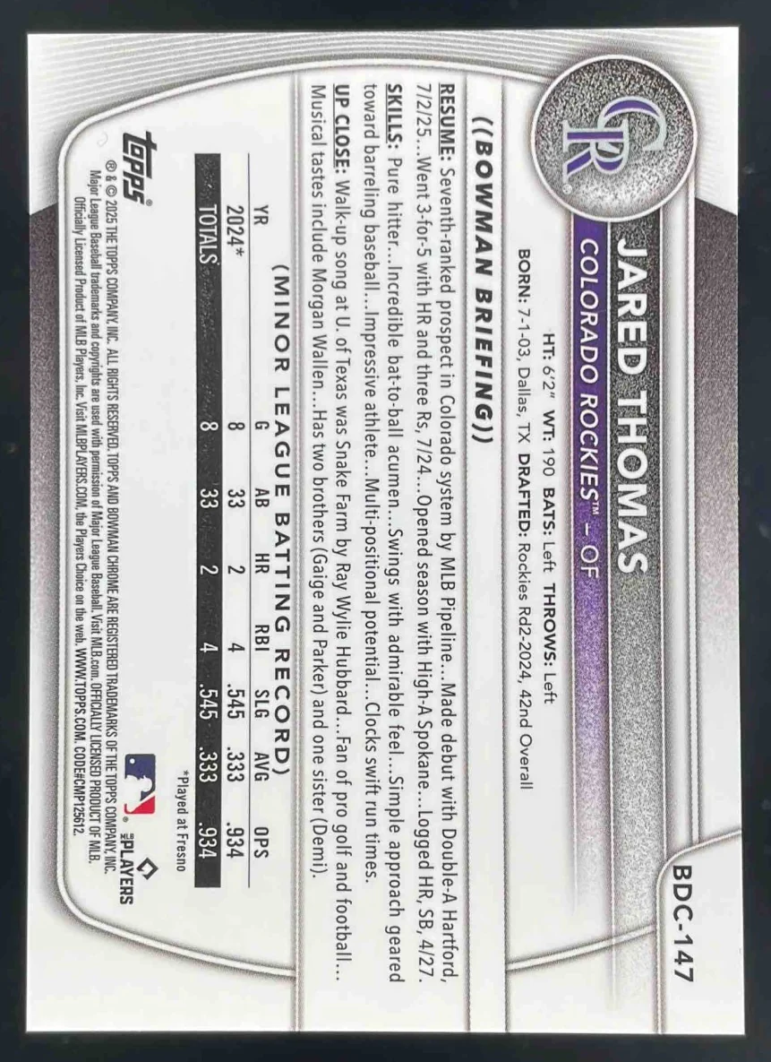 2025 Bowman Draft Chrome Black Refractor #BDC-147 Jared Thomas /10 - Image 2