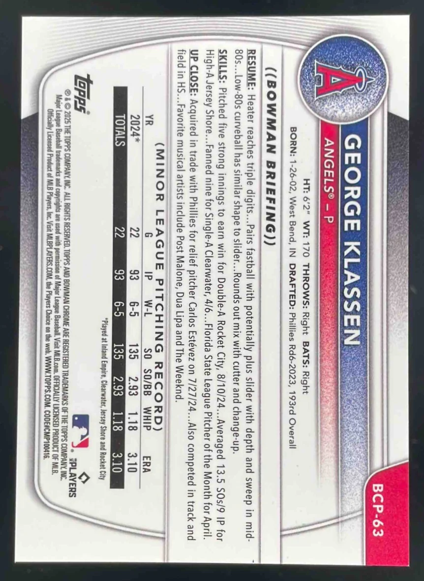 2025 Bowman Sapphire Chrome Gold Refractors #BCP-63 George Klassen RC /50 - Image 2