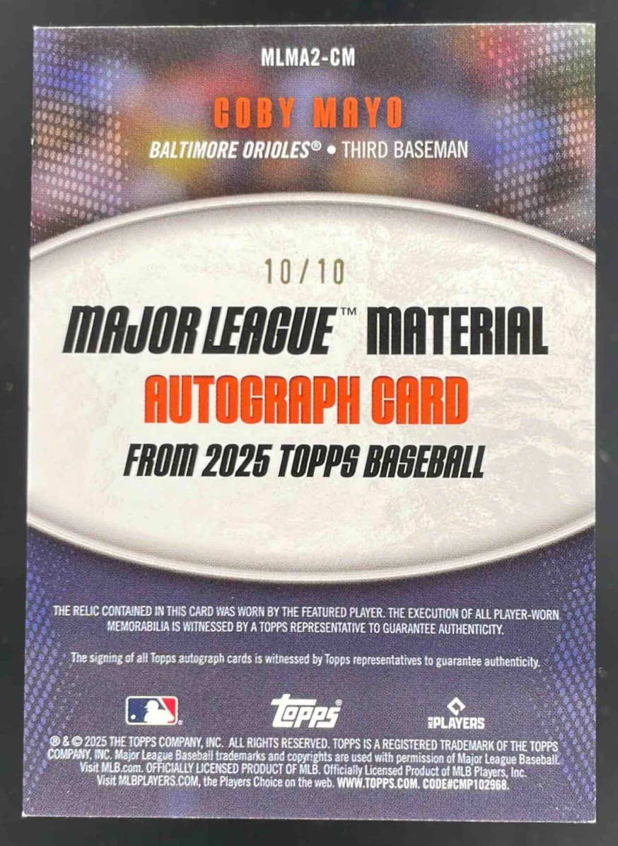 2025 Topps Major League Material Series Two Black #MLMA2-CM Coby Mayo RC /10 - Image 2