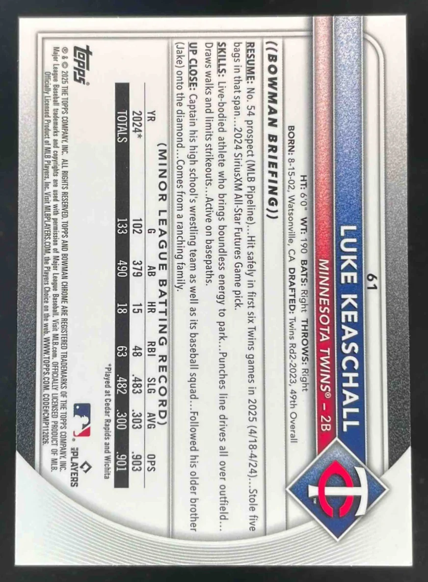 2025 Bowman Chrome Yellow Refractor #61 Luke Keaschall RC /75 - Image 2