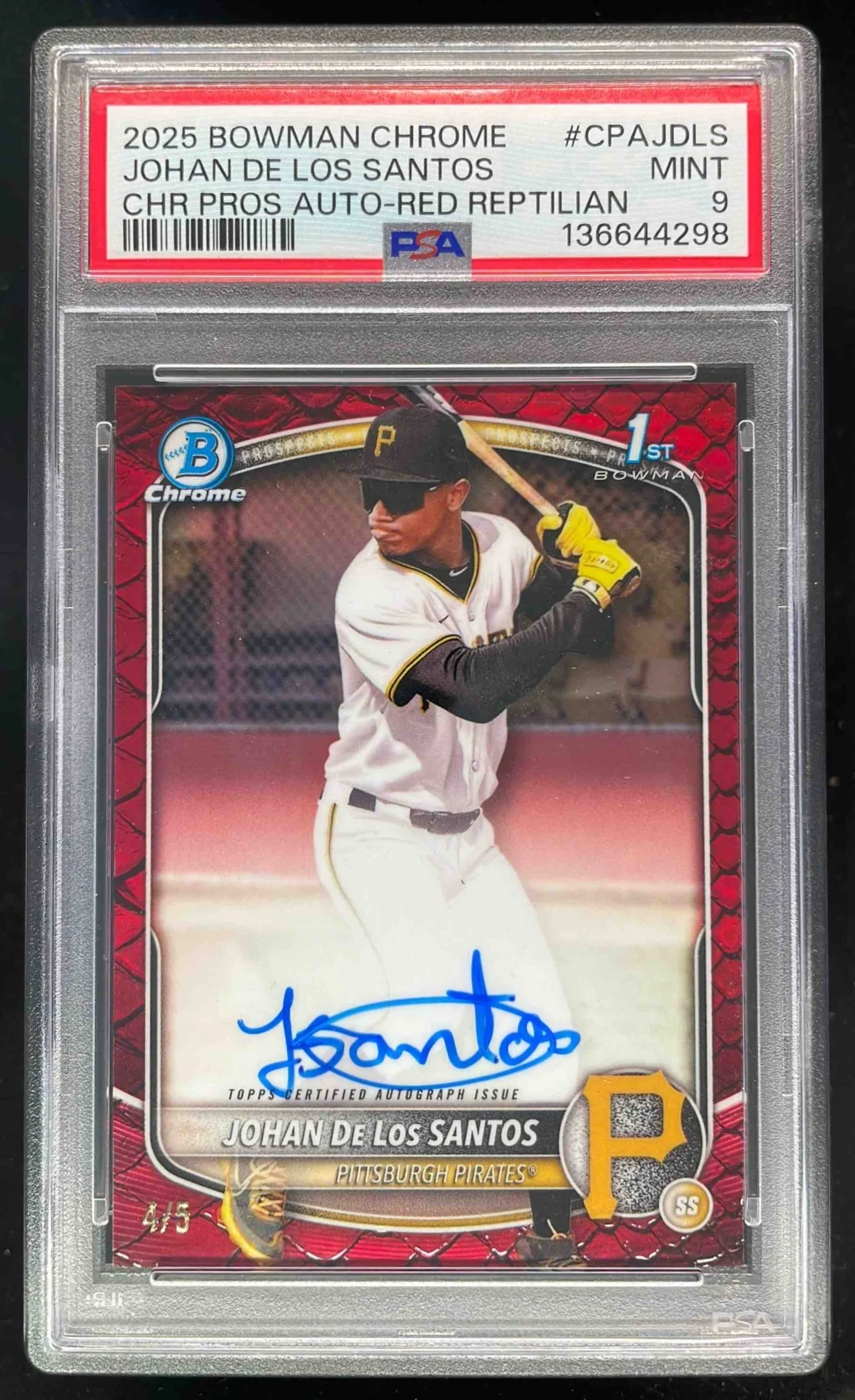 2025 Bowman Chrome Reptilian Red #CPA-JDLS Johan De Los Santos RC Auto /5 PSA 9