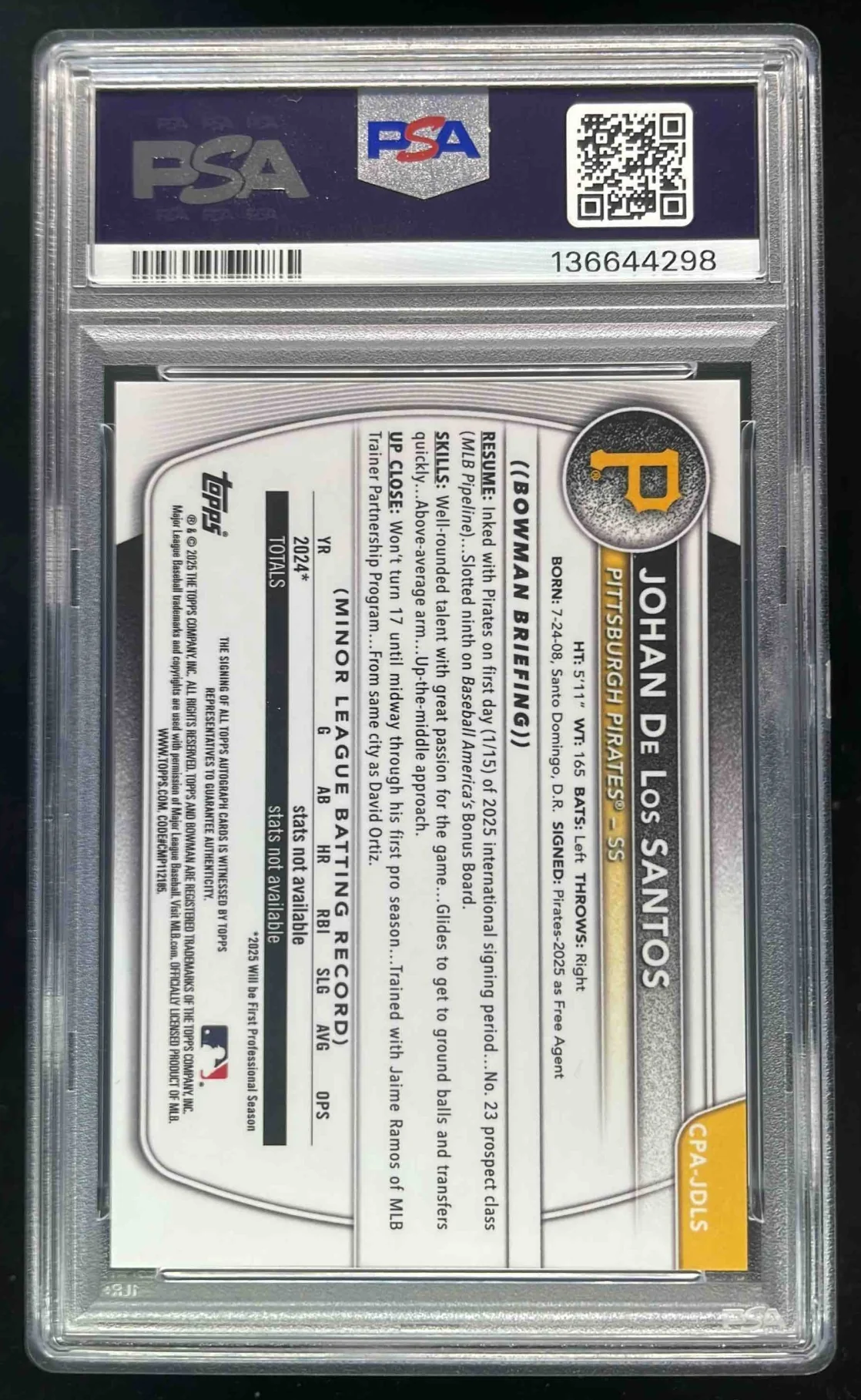 2025 Bowman Chrome Reptilian Red #CPA-JDLS Johan De Los Santos RC Auto /5 PSA 9 - Image 2