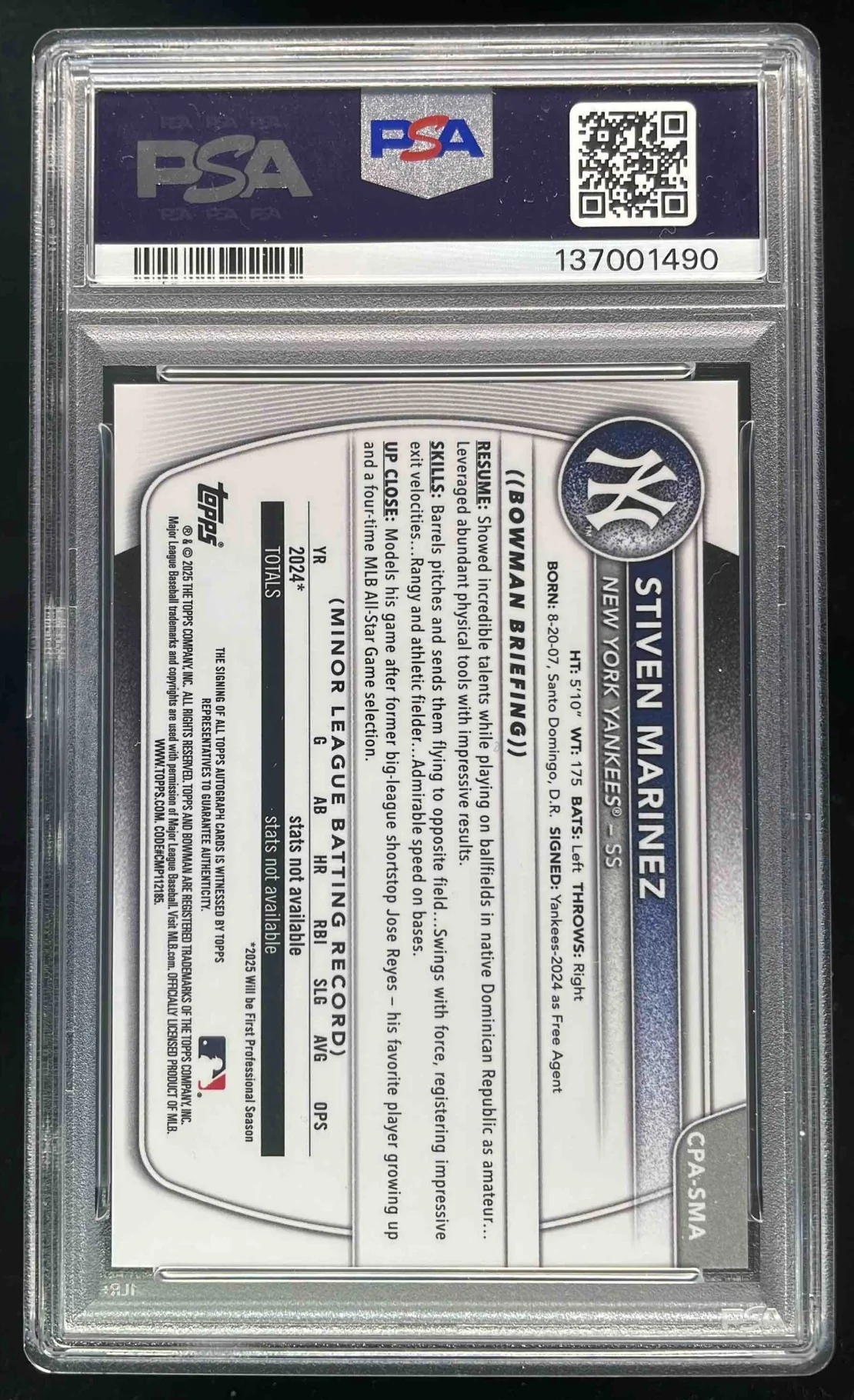 2025 Bowman Chrome Gum Ball Refractor #CPA-SMA Stiven Marinez RC Auto /5 PSA 9 - Image 2