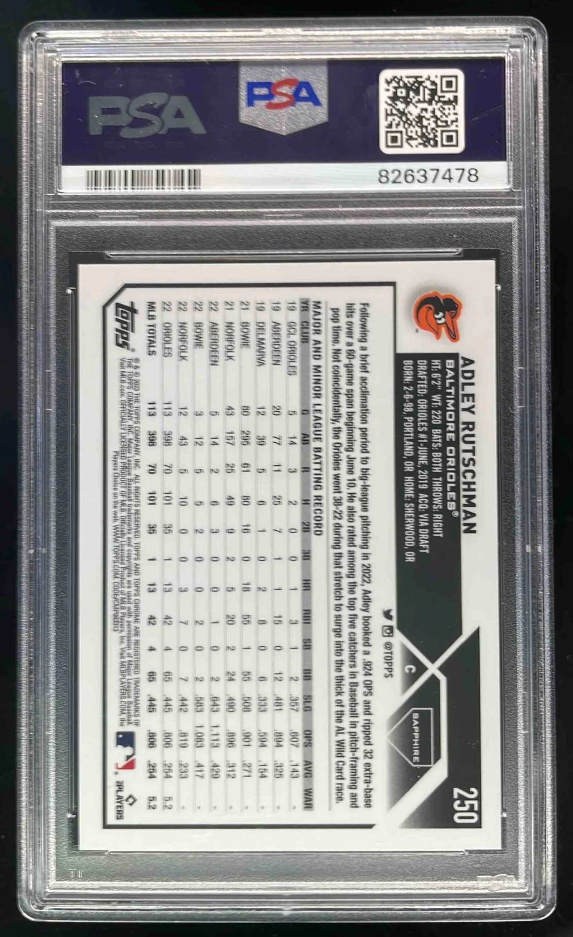 2023 Topps Chrome Sapphire Orange #250 Adley Rutschman RC All-Star /25 PSA 9 - Image 2