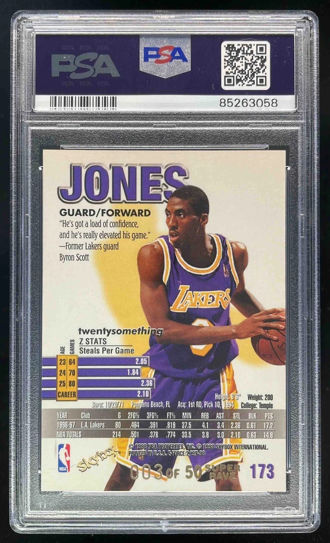 1997-98 Skybox Z-Force Super Rave #173 Eddie Jones /50 PSA 9 - Image 2