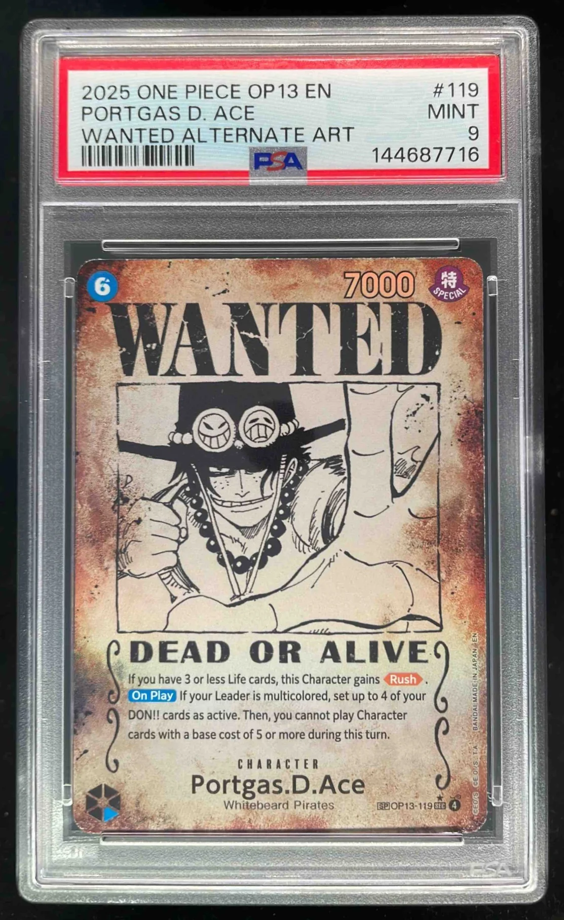 2025 One Piece OP13 EN #119 Portgas D Ace Wanted Alternate Art PSA 9
