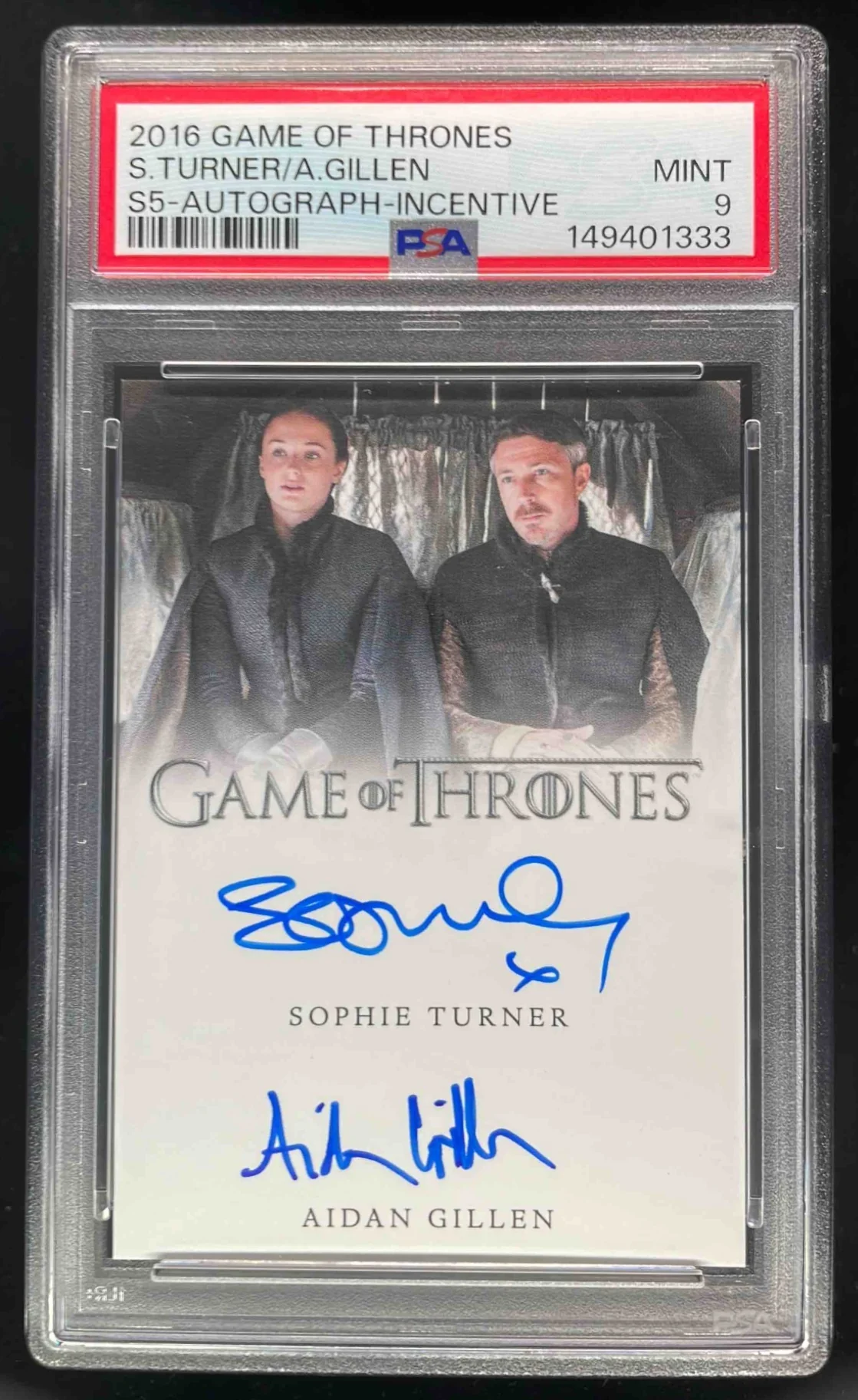 2016 Game of Thrones Dual Auto Sophie Turner Aidan Gillen Autograph PSA 9