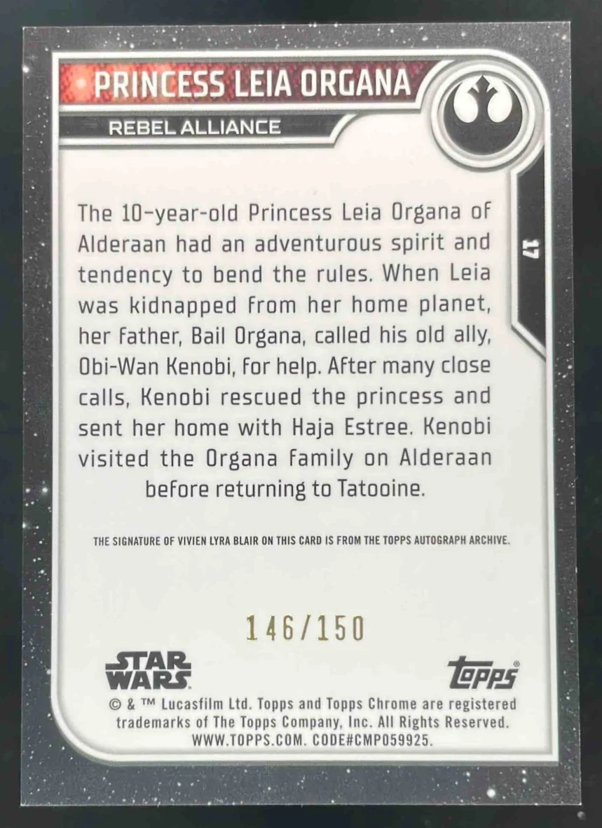 2023 Topps Chrome Star Wars Blue #17 Lyra Blair Princess Leia Organa Auto /150 - Image 2