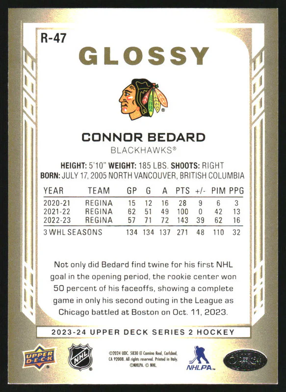 2023-24 Upper Deck OPC Glossy Gold #R47 Connor Bedard - Image 2
