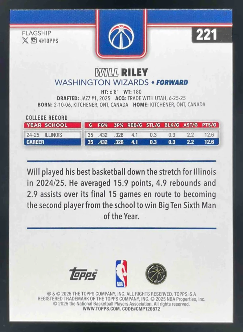 2025-26 Topps Season Tip-Off Gold Foil #221 Will Riley /50 - Image 2