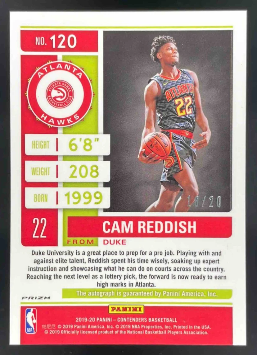 2019-20 Contenders Rookie Premium Blue Shimmer #120 Cam Reddish RC Auto /20 - Image 2