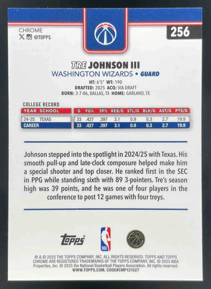 2025-26 Topps Chrome Aqua Basketball Refractor #256 Tre Johnson III RC /199 - Image 2