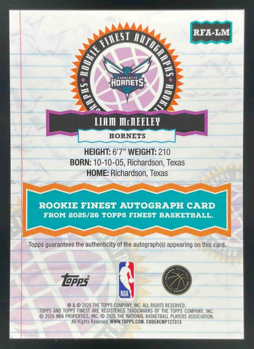 2025-26 Topps Finest Rookie Finest Orange #RFA-LM Liam McNeeley RC Auto /25 - Image 2