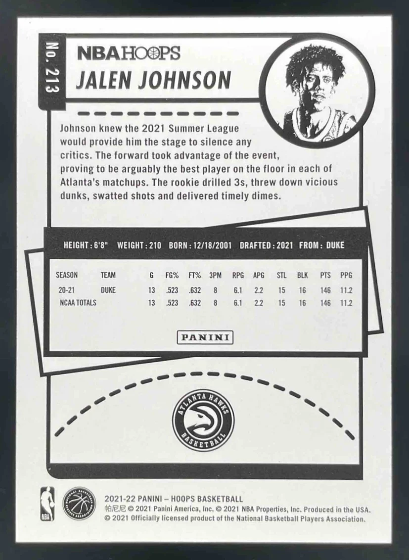 2021-22 Panini Hoops Silver #213 Jalen Johnson RC /199 - Image 2